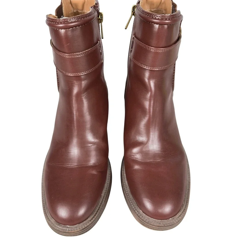 Sam & Libby Natalia Brown Faux Leather Buckle Stacked Heel Ankle Boots 9.5M